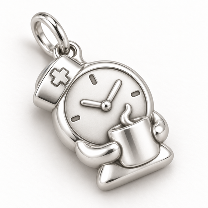 Nurse Shift Clock Coffee Dangle Charm | macro face-up oblique view | b981f85cfd63ad0a49b07afa65bf49b95620ebf2b43f1c2309a3aed5c2891471