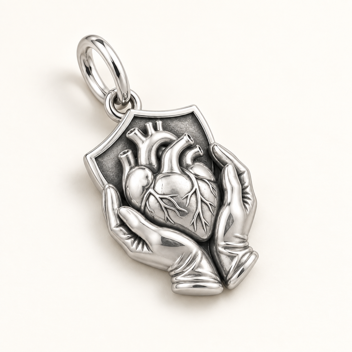 Nurse Protected Heart Dangle Charm | macro face-up oblique view | 51e620ec4fb71142a0ad9e16f2cc5627a2baee62d52bb65b5f505e01cfc17a74