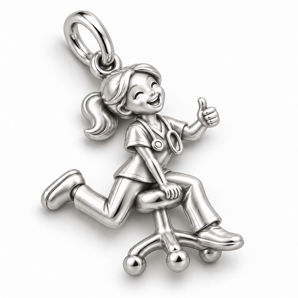 Nurse Rolling Stool Dangle Charm | macro face-up oblique view | adce51558d39bf47adce8bf061fb27fee89e12be5a51aa975ec8826b8c4d7bf4