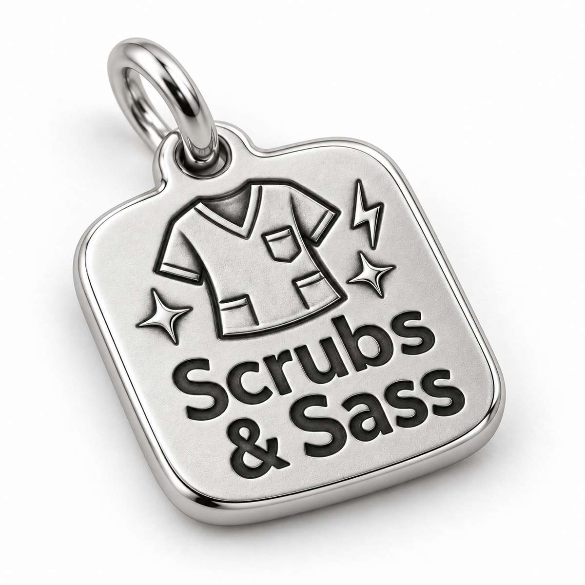 Scrubs & Sass Engraved Nurse Charm | macro face-up oblique view | d8b28df46fabc80e5aae2cc894cdc5fc241a8cdc45886bbcc3adf63345f84bed