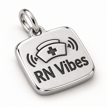 RN Vibes Engraved Nurse Charm | macro face-up oblique view | 32fbf9a0249c61a4214d0956718bac1fc949d0d326dee32bc5f6b983bb1e3989