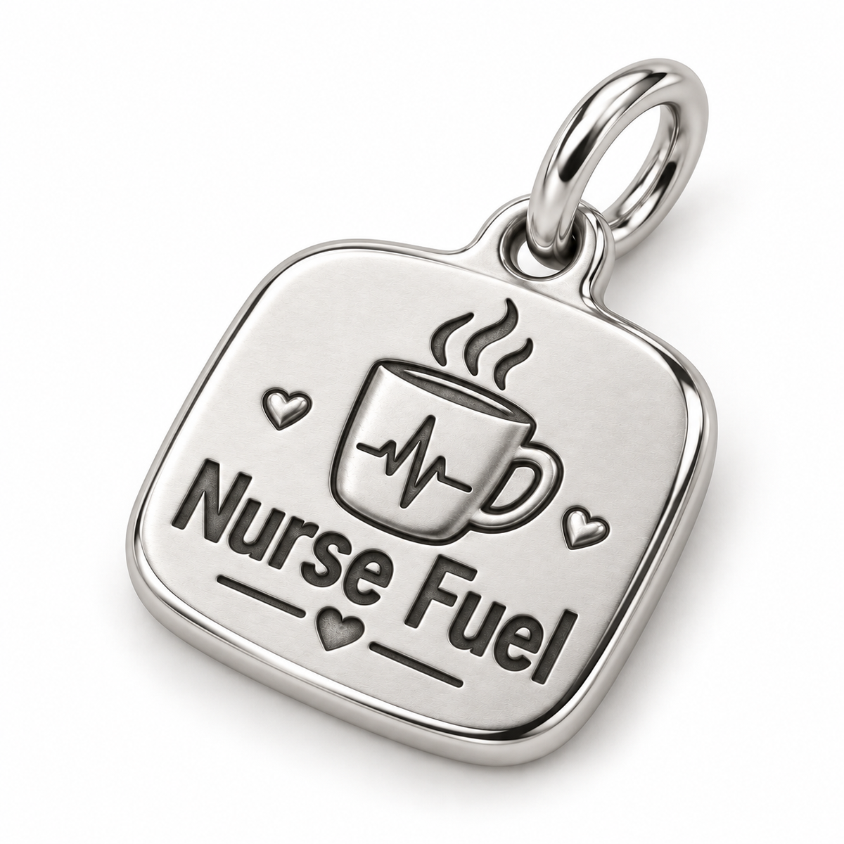 Nurse Fuel Engraved Nurse Charm | macro face-up oblique view | e14f2bfd60f18002b5b0e8910d83089354e3f4136f0df82326cf8503bc2c350b