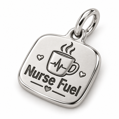 Nurse Fuel Engraved Nurse Charm | macro face-up oblique view | e14f2bfd60f18002b5b0e8910d83089354e3f4136f0df82326cf8503bc2c350b
