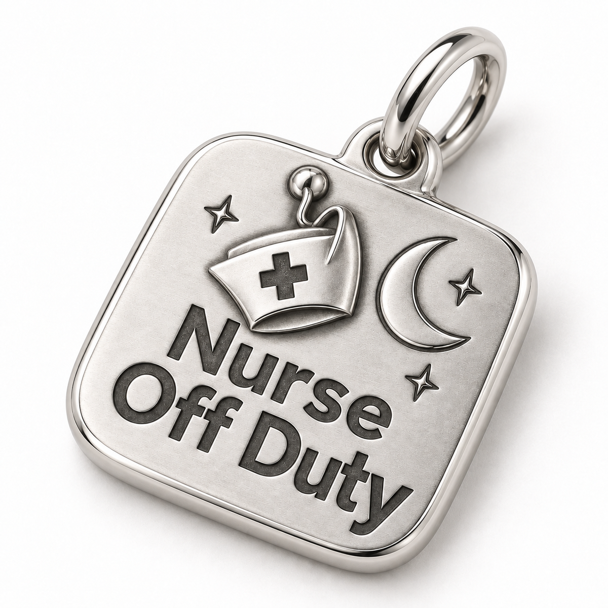 Nurse Off Duty Engraved Nurse Charm | macro face-up oblique view | 47804cde636e230f7d20b7c379d8190dc81bcd4f8db5d9a2535962ecbe84b74b