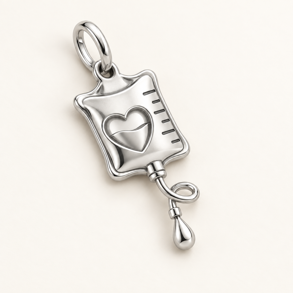 Nurse IV Bag Dangle Charm | macro face-up oblique view | 6dc7437dd0338ab5392d90f79b45b14bfa1c31d39bf729b8453ee68a595e98c9