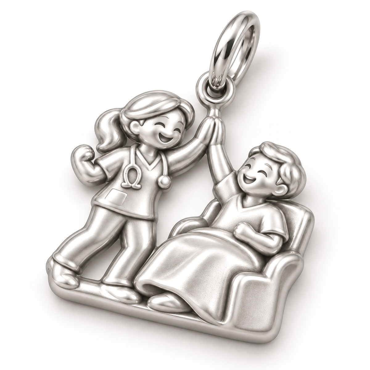Nurse Patient High Five Dangle Charm | macro face-up oblique view | 93d6ba99a75ab0baf4c8050497d8eba9978dbd9352a6334ae8dbe4698a3878da