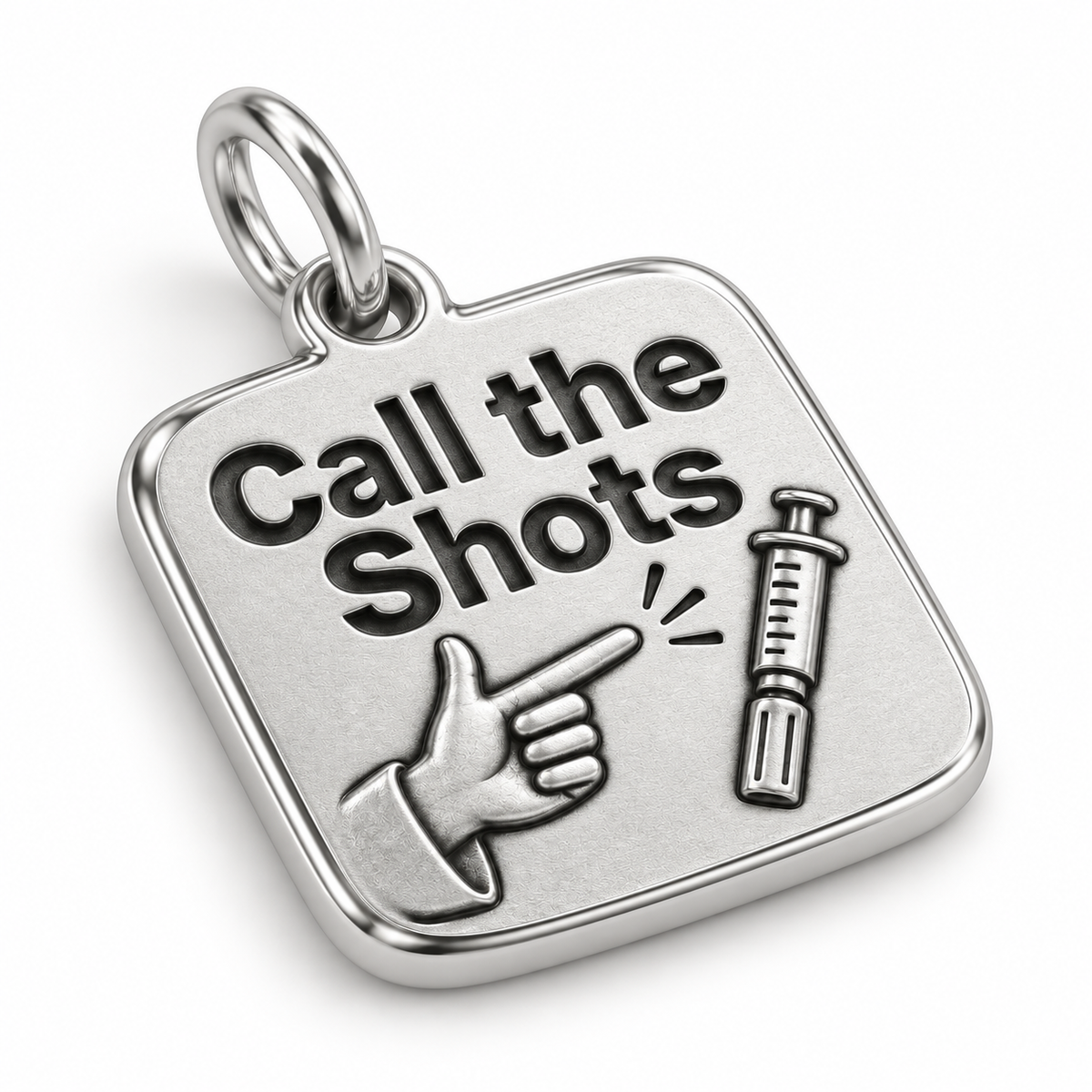 Call the Shots Engraved Nurse Charm | macro face-up oblique view | da4f287d52fd6aa526b987e6cfe6643698bfe6b668efafdc9c823c2bd2296408