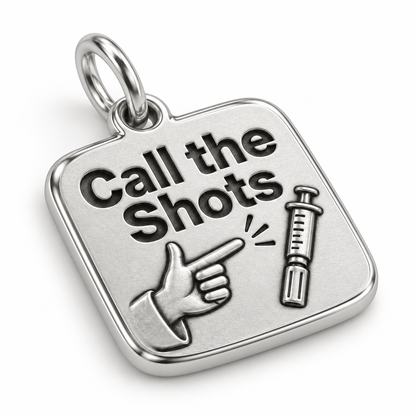 Call the Shots Engraved Nurse Charm | macro face-up oblique view | da4f287d52fd6aa526b987e6cfe6643698bfe6b668efafdc9c823c2bd2296408