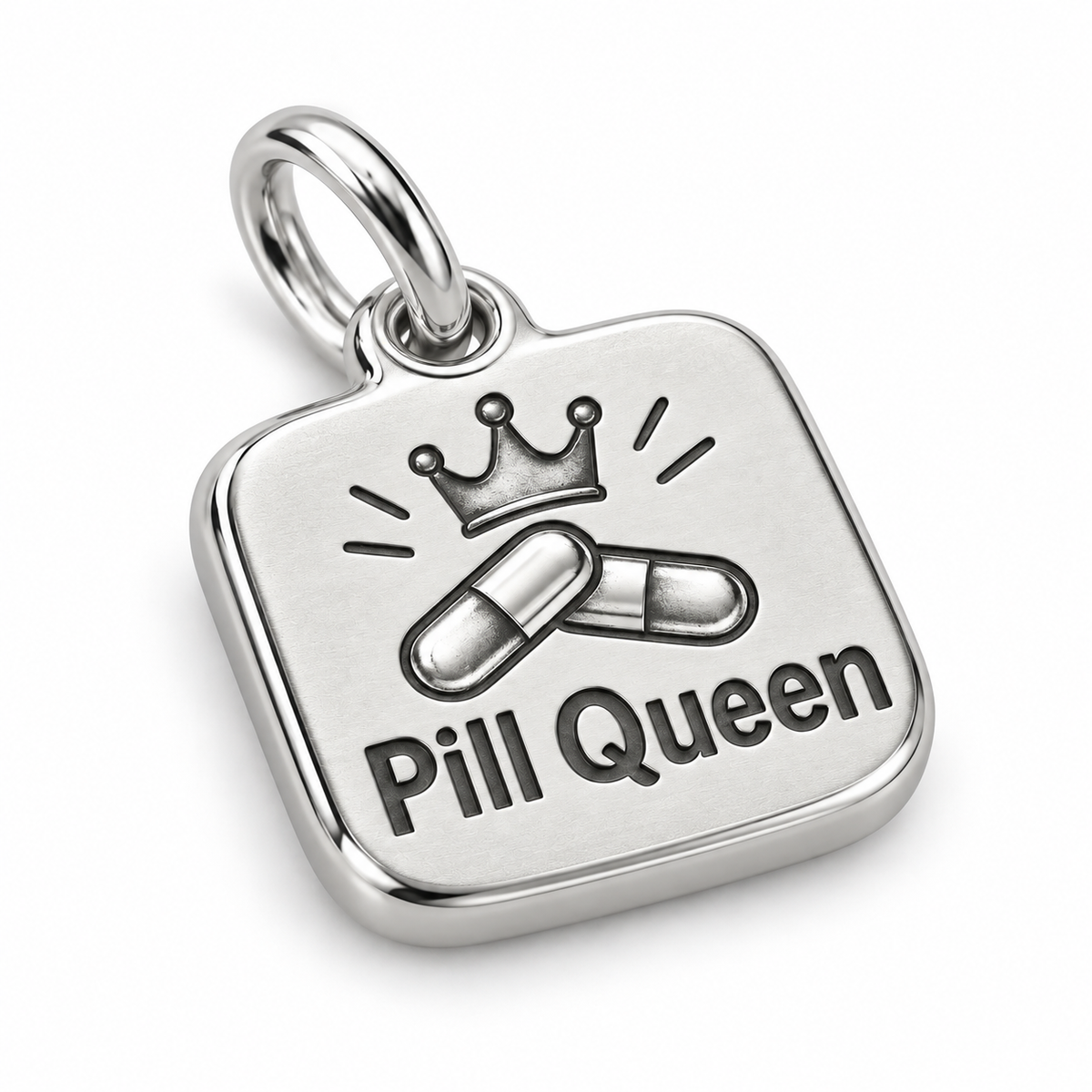 Pill Queen Engraved Nurse Charm | macro face-up oblique view | 7592929d222f2aaa5a1a0d43f6d3833ce08ad5a38e17b45d227a27da07428600