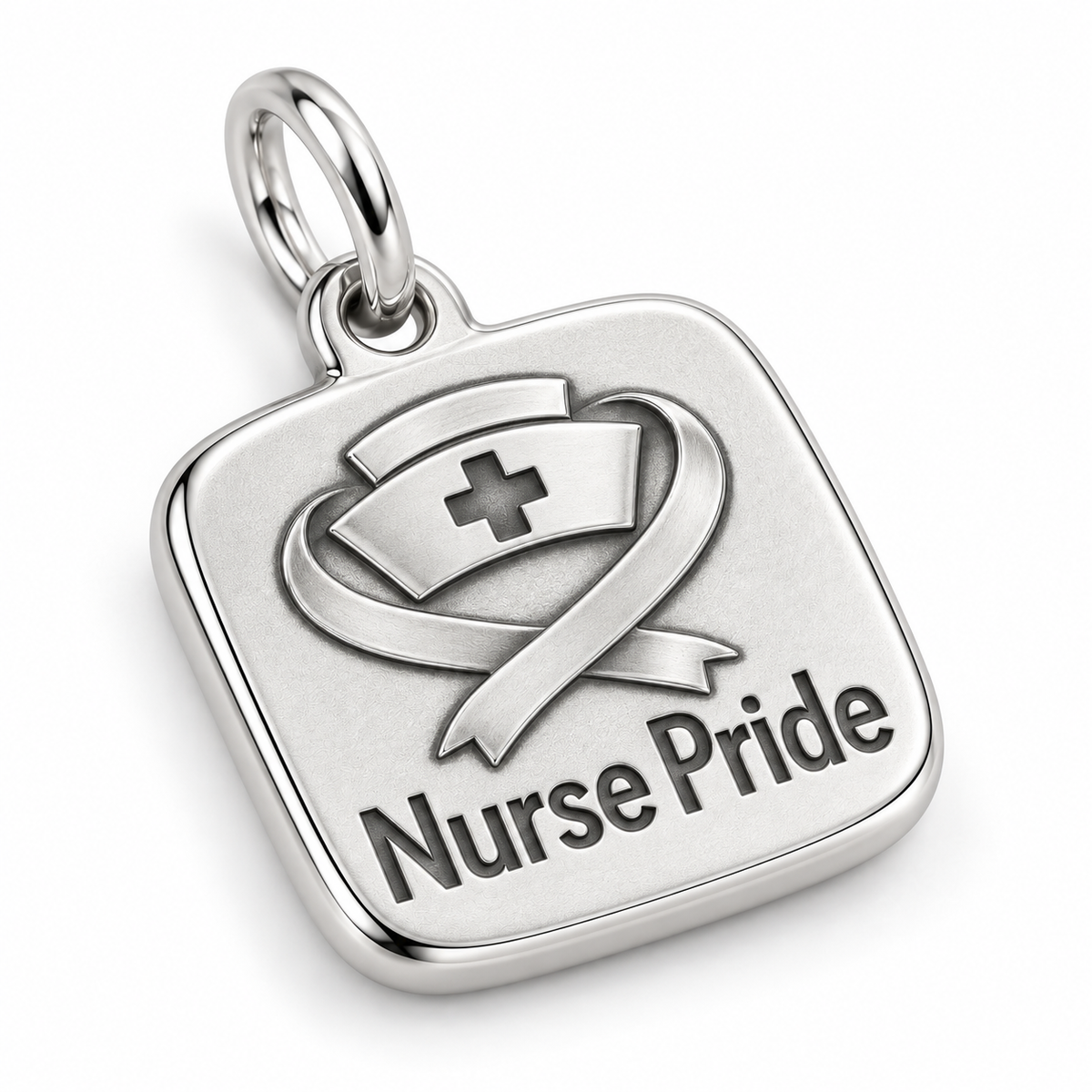 Nurse Pride Engraved Nurse Charm | macro face-up oblique view | 8f5de75f6f624900661751b0c8d376bdc0e2266b17e512a4d4639db10f2bc751