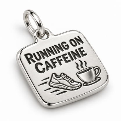 Running on Caffeine Engraved Nurse Charm | macro face-up oblique view | 00ed2e3b073cf3a64036fc00a5d83757ee973cb30f9231014f1d77af64972c43