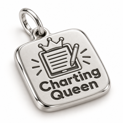 Charting Queen Engraved Nurse Charm | macro face-up oblique view | b0c76a5ca20b78183853f8c0dbd543d60575871839a815e322486a5b6d7bc0b3