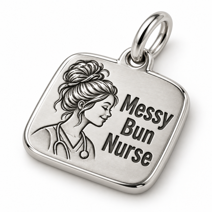 Messy Bun Nurse Engraved Nurse Charm | macro face-up oblique view | 8d261f4a4fc0b9608d12f711992474e7120659c45205df1cebd933f6210676a1