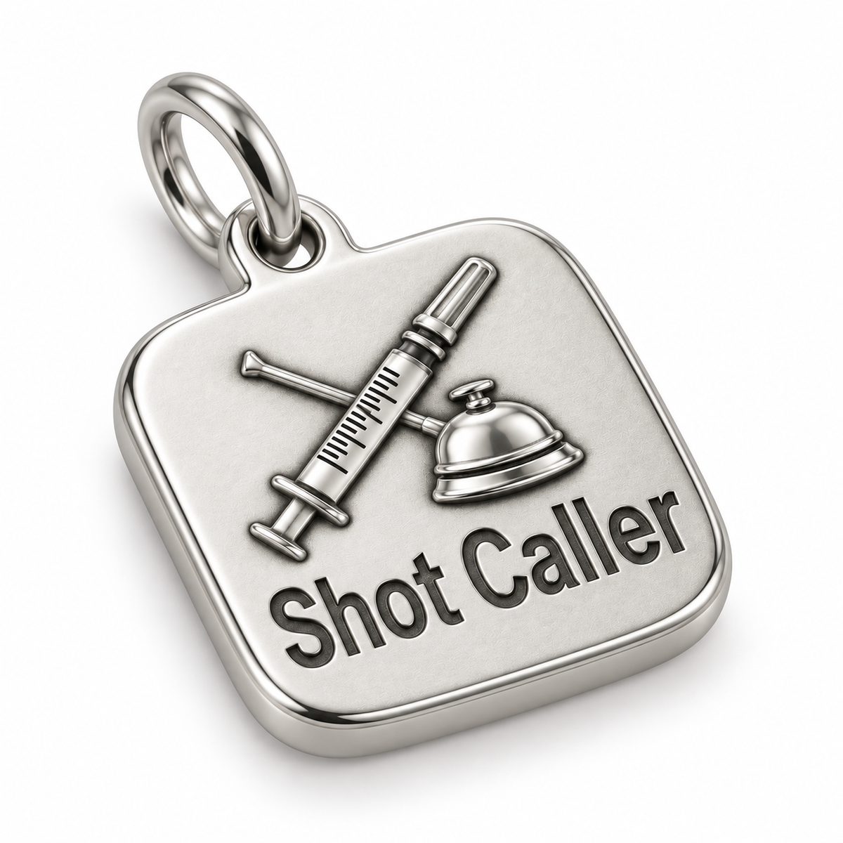 Shot Caller Engraved Nurse Charm | macro face-up oblique view | 4caa7ca28c421faec8aeed5635bc47a05bb853033c750fc4d68ae8b904b34082