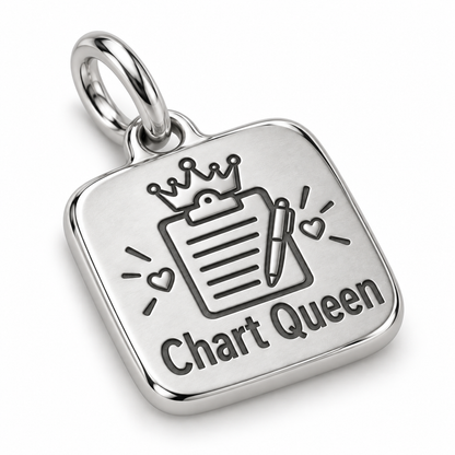 Chart Queen Engraved Nurse Charm | macro face-up oblique view | 01133d3ceed4f7c286f25e8a2707a36becc8fc36ceeccfd6421d58c16c10fd54