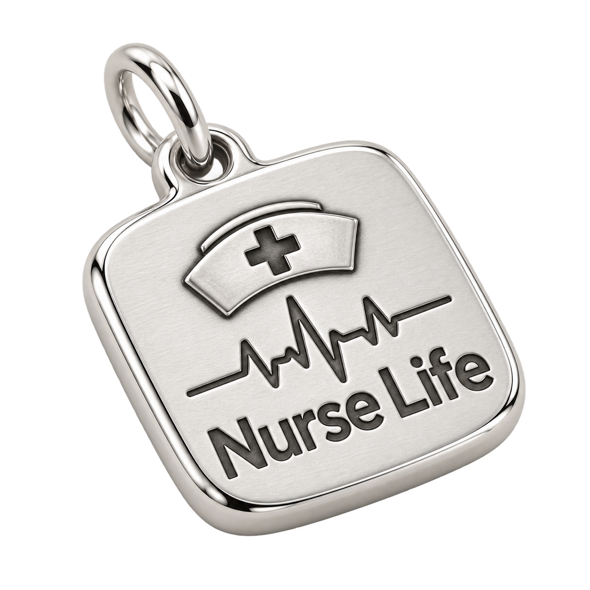 Nurse Life Engraved Nurse Charm | macro face-up oblique view | ef560fe98f37fa8ecdf64e98f1f5d05753f16c264a5794614fb8e8c2d53bec6d