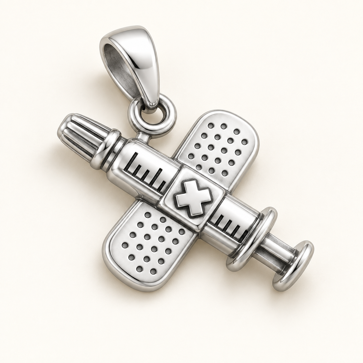 Nurse Syringe Bandage Charm | macro face-up oblique view | 3fde1ab5df62837531990bf5bc31e85b3edd4dd82a531729f28d047d17c51575