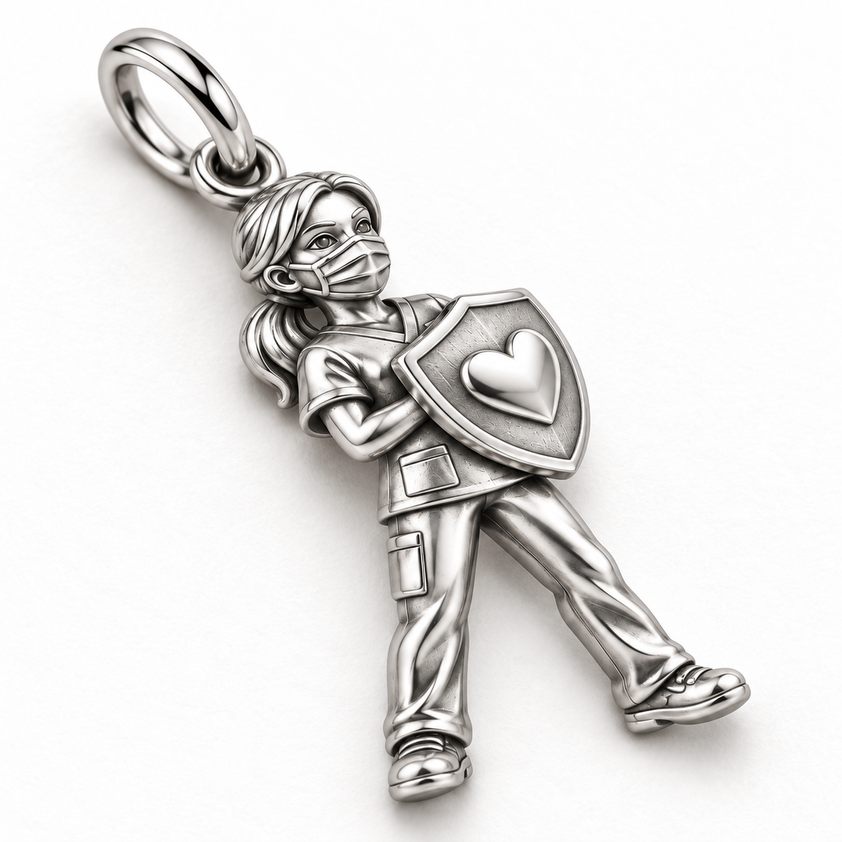 Nurse Frontline Shield Dangle Charm | macro face-up oblique view | 065fdc53c951cdc96c10e535ef90e74cf7e5faceb769ef83026db184145b89c5