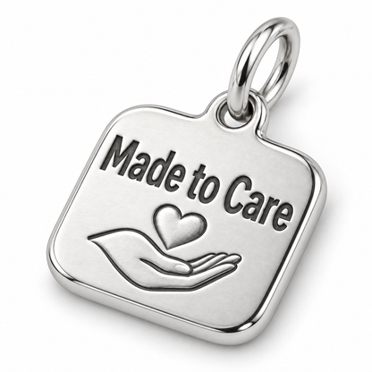 Made to Care Engraved Nurse Charm | macro face-up oblique view | f07d3b80c05a3802f9c8ee146d24d25161b2a1c088574d4104e2ad8cc2eafeaf