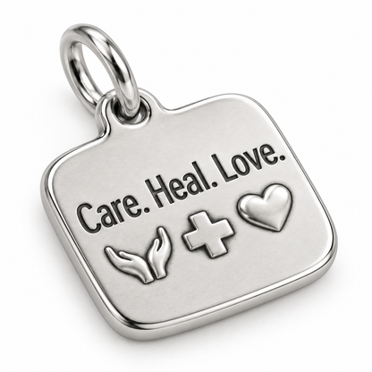 Care. Heal. Love. Engraved Nurse Charm | macro face-up oblique view | b2d0fc3cf453dc8156f6e54e9671dd28622891361da2f0f4e94a3b039ce33ca4