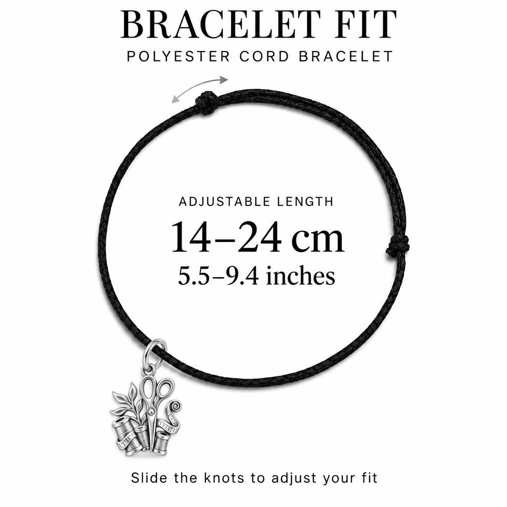 Maker's Creative Tools Charm Bracelet – Personalized Crafter Gift – adjustable black cord bracelet, 14–24 cm