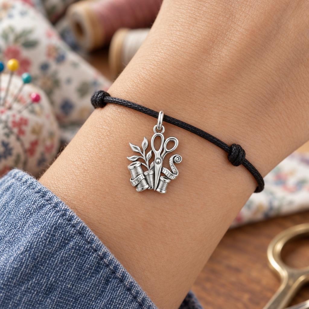 Maker's Creative Tools Charm Bracelet – Personalized Crafter Gift – worn on the wrist on a black cord bracelet