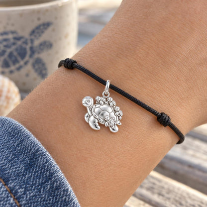 Mama Turtle Hatchlings Charm Bracelet – Personalized Nana Gift – worn on the wrist on a black cord bracelet