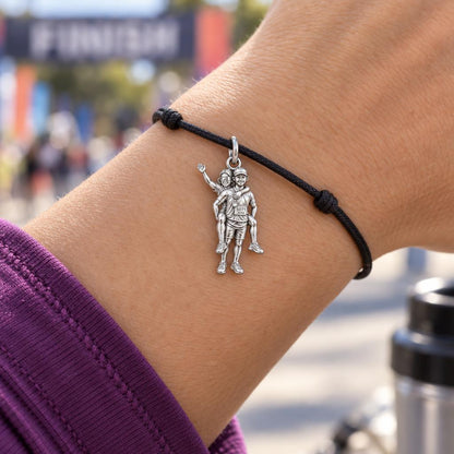 Marathon Finish Line Couple Charm Bracelet – Personalized Runner Gift – worn on the wrist on a black cord bracelet