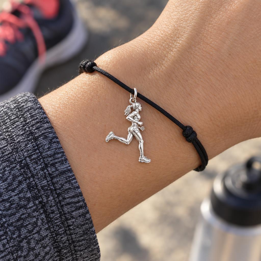 Marathon Runner Charm Bracelet – Personalized Athlete Gift – worn on the wrist on a black cord bracelet