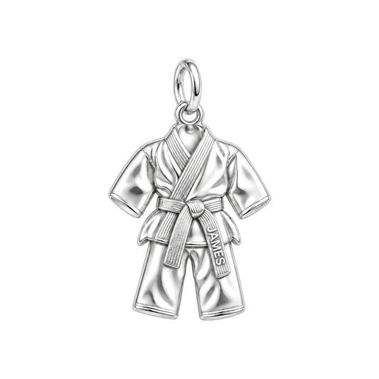 Martial Arts Gi Charm Bracelet – Personalized Student Gift – silver charm, front view