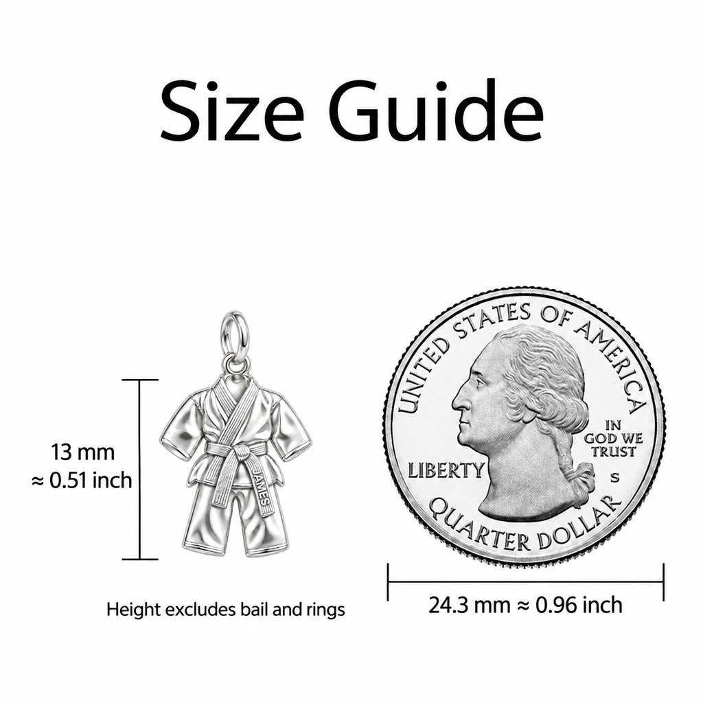Martial Arts Gi Charm Bracelet – Personalized Student Gift – size guide, 13 mm charm next to a quarter