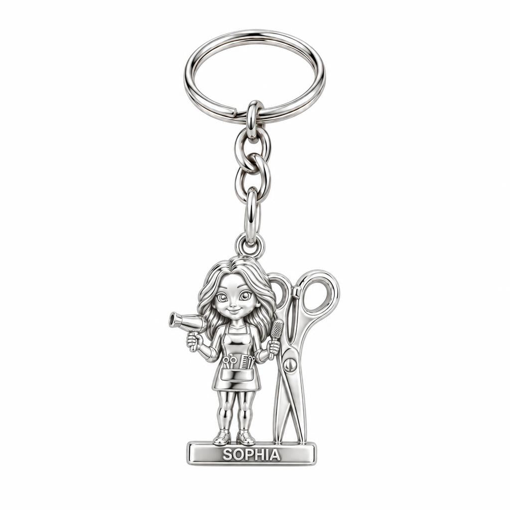 Master Stylist at Work Charm Keychain – silver, front view