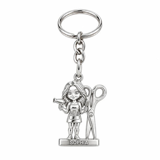 Master Stylist at Work Charm Keychain – silver, front view