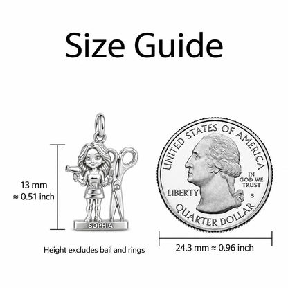 Master Stylist at Work Charm Keychain – size guide, 13 mm charm next to a quarter