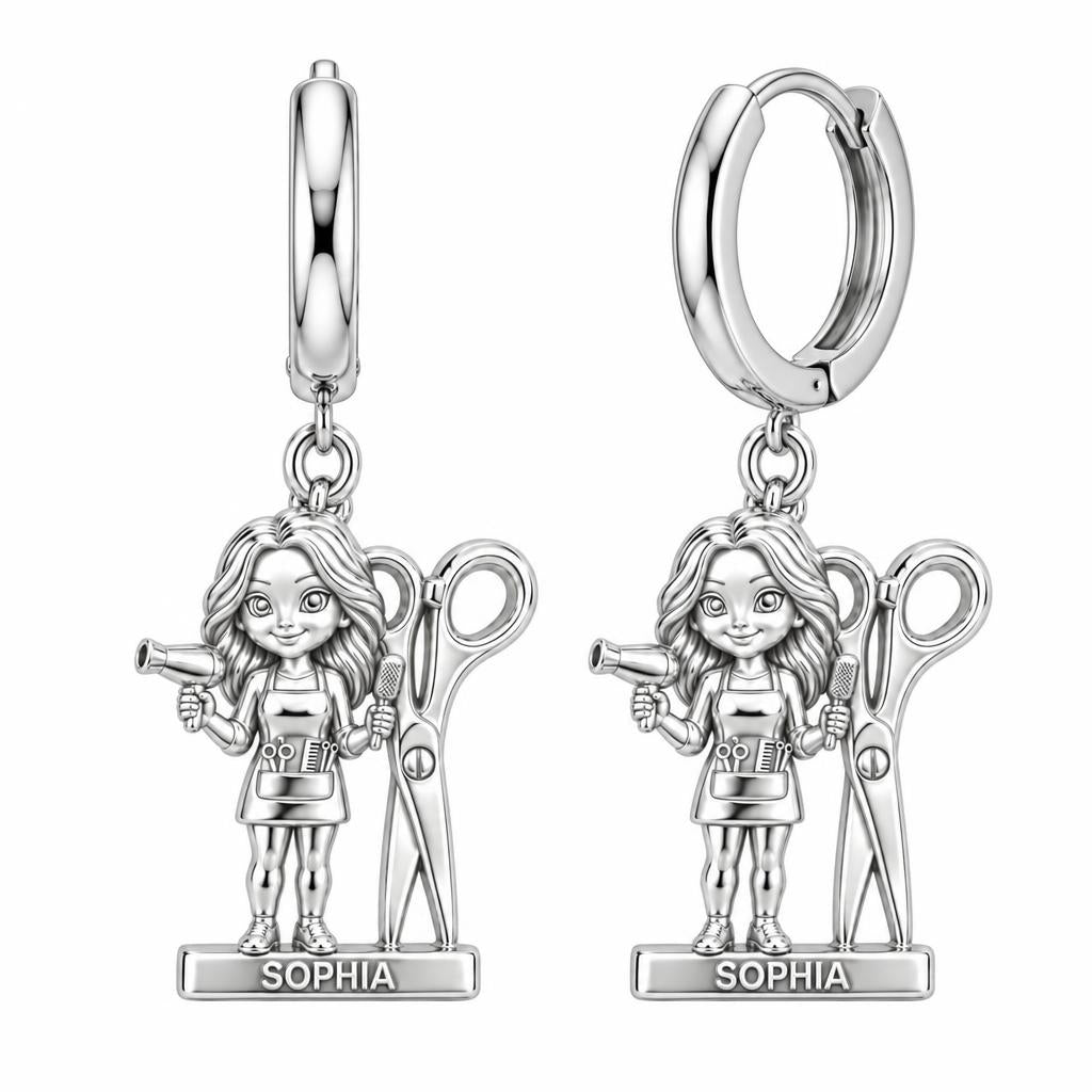 Master Stylist at Work Huggie Charm Earrings – silver, front view