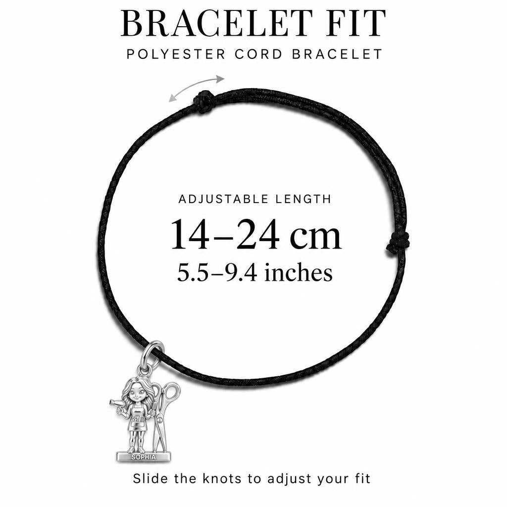 Master Stylist Charm Bracelet – Personalized Hairstylist Gift – adjustable black cord bracelet, 14–24 cm