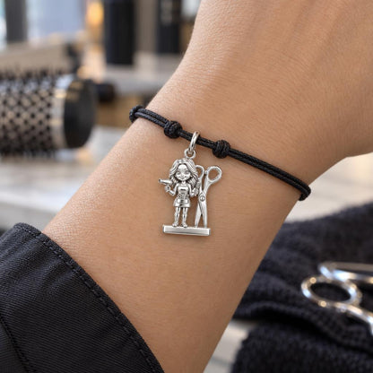 Master Stylist Charm Bracelet – Personalized Hairstylist Gift – worn on the wrist on a black cord bracelet