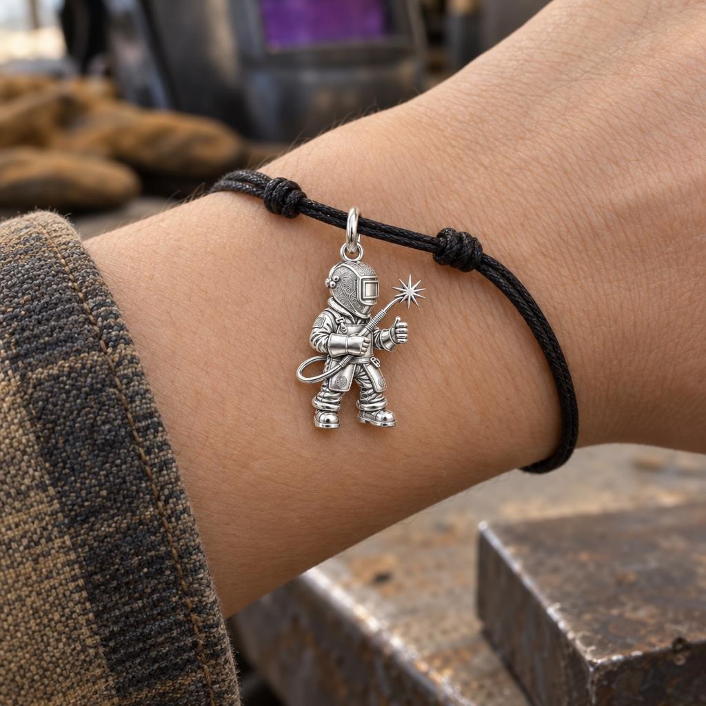 Master Welder Charm Bracelet – Personalized Welder Gift – worn on the wrist on a black cord bracelet