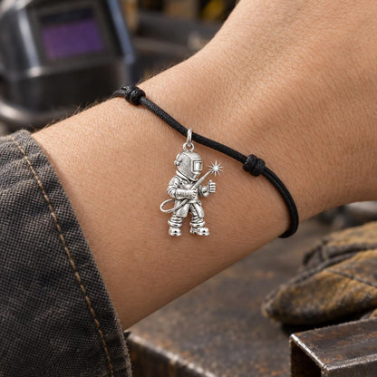 Master Welder Charm Bracelet – Personalized Welder Gift – worn on the wrist on a black cord bracelet