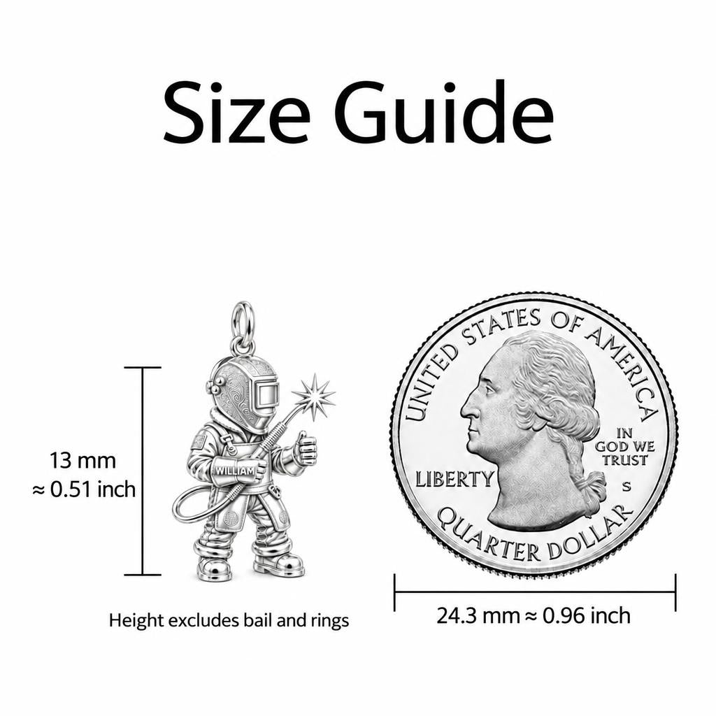 Master Welder Charm Bracelet – Personalized Welder Gift – size guide, 13 mm charm next to a quarter