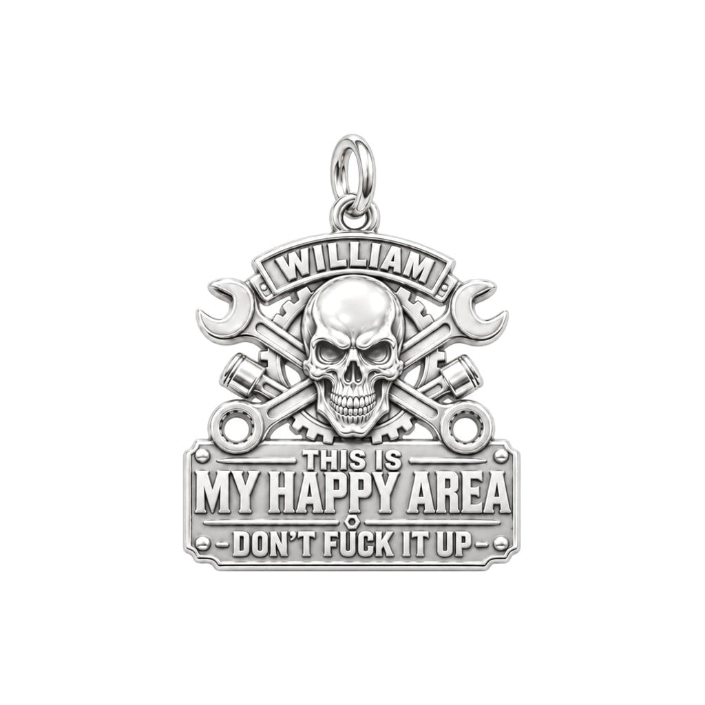 Mechanic Skull Happy Area Charm Bracelet – Personalized Dad Gift – silver plated 3 cm charm, front view
