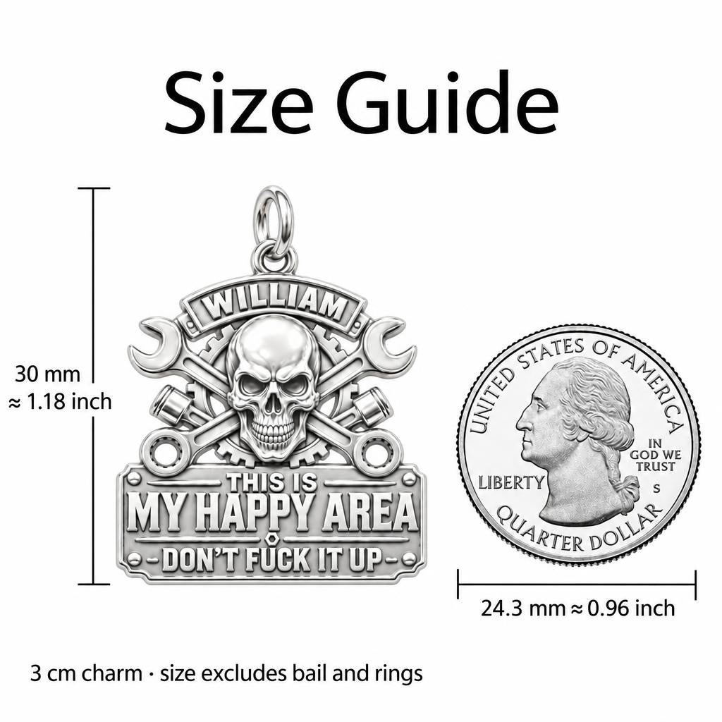 Mechanic Skull Happy Area Charm Bracelet – Personalized Dad Gift – size guide, 3 cm charm next to a quarter