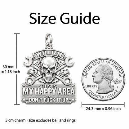 Mechanic Skull Happy Area Charm Bracelet – Personalized Dad Gift – size guide, 3 cm charm next to a quarter