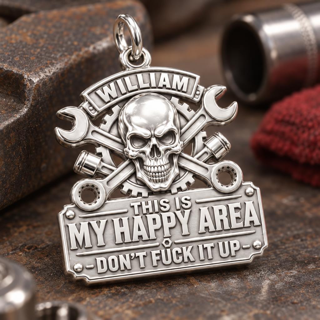 Mechanic Skull Happy Area Charm Bracelet – Personalized Dad Gift – macro detail of the charm