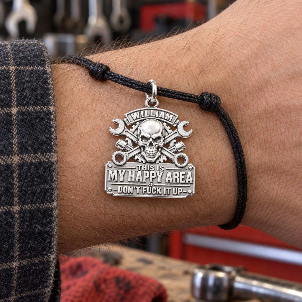 Mechanic Skull Happy Area Charm Bracelet – Personalized Dad Gift – worn on the wrist on a black cord bracelet