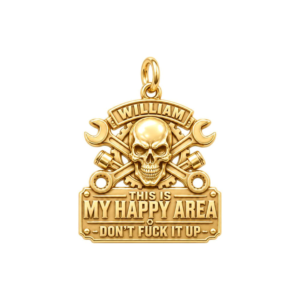 Mechanic Skull Happy Area Charm Bracelet – Personalized Dad Gift – 18K gold plated 3 cm charm, front view