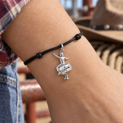 Mechanical Bull Rider Charm Bracelet – Personalized Fan Gift – worn on the wrist on a black cord bracelet