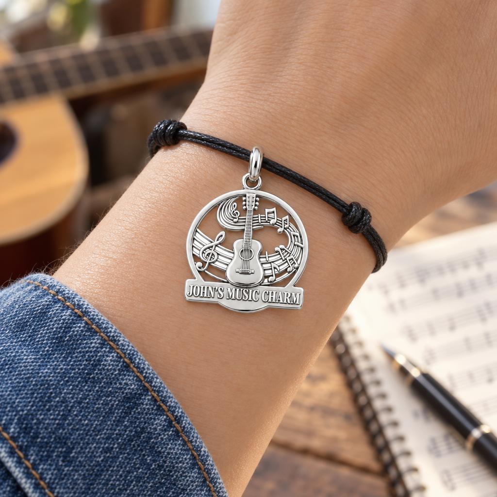Melody of the Soul Charm Bracelet – Personalized Musician Gift – worn on the wrist on a black cord bracelet