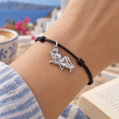 Memorable activities at the beach Charm Bracelet – Personalized Mom Gift – worn on the wrist on a black cord bracelet