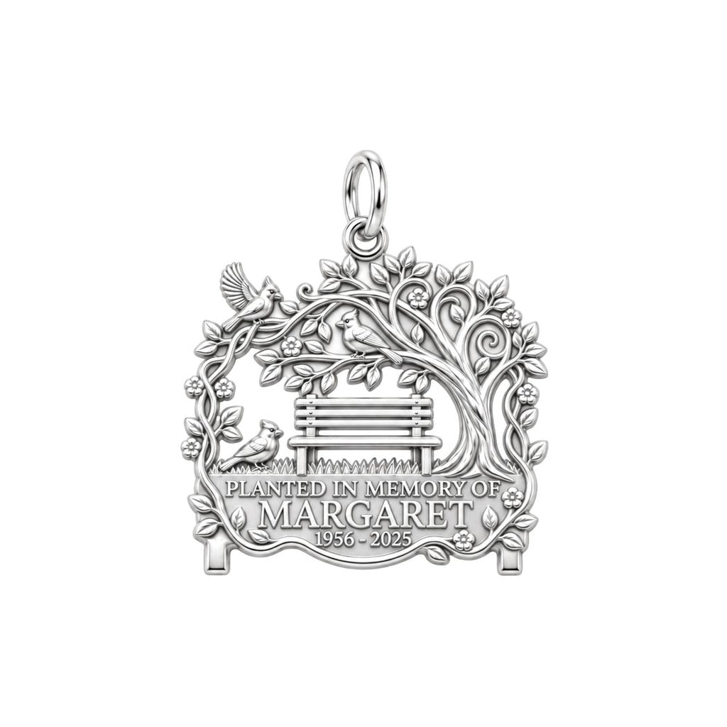 Memorial Garden Bench Charm and Polyester Cord Bracelet Set – silver plated 3 cm charm, front view